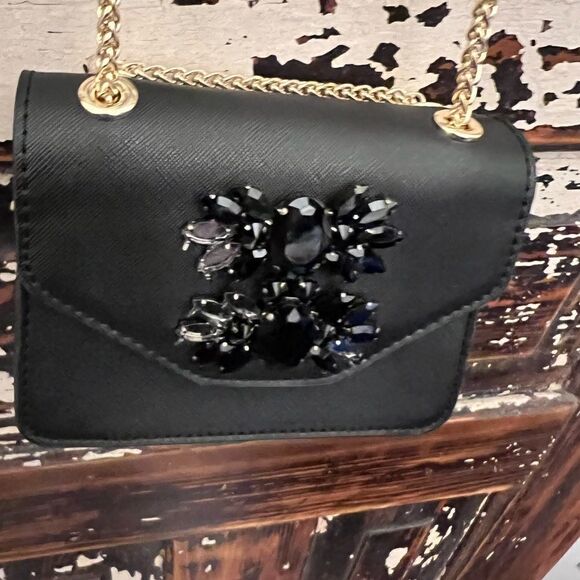 Handbags - NWOT. Beautiful small black bejeweled evening bag w striking gold chain …